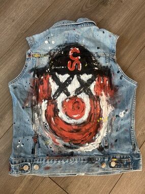 Hand Painted Calgary Stampede conklin Clown Denim Vest, clowncore, handmade
